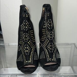 Vince Camuto Black Peep-Toe Ankle Booties with Gold Studs